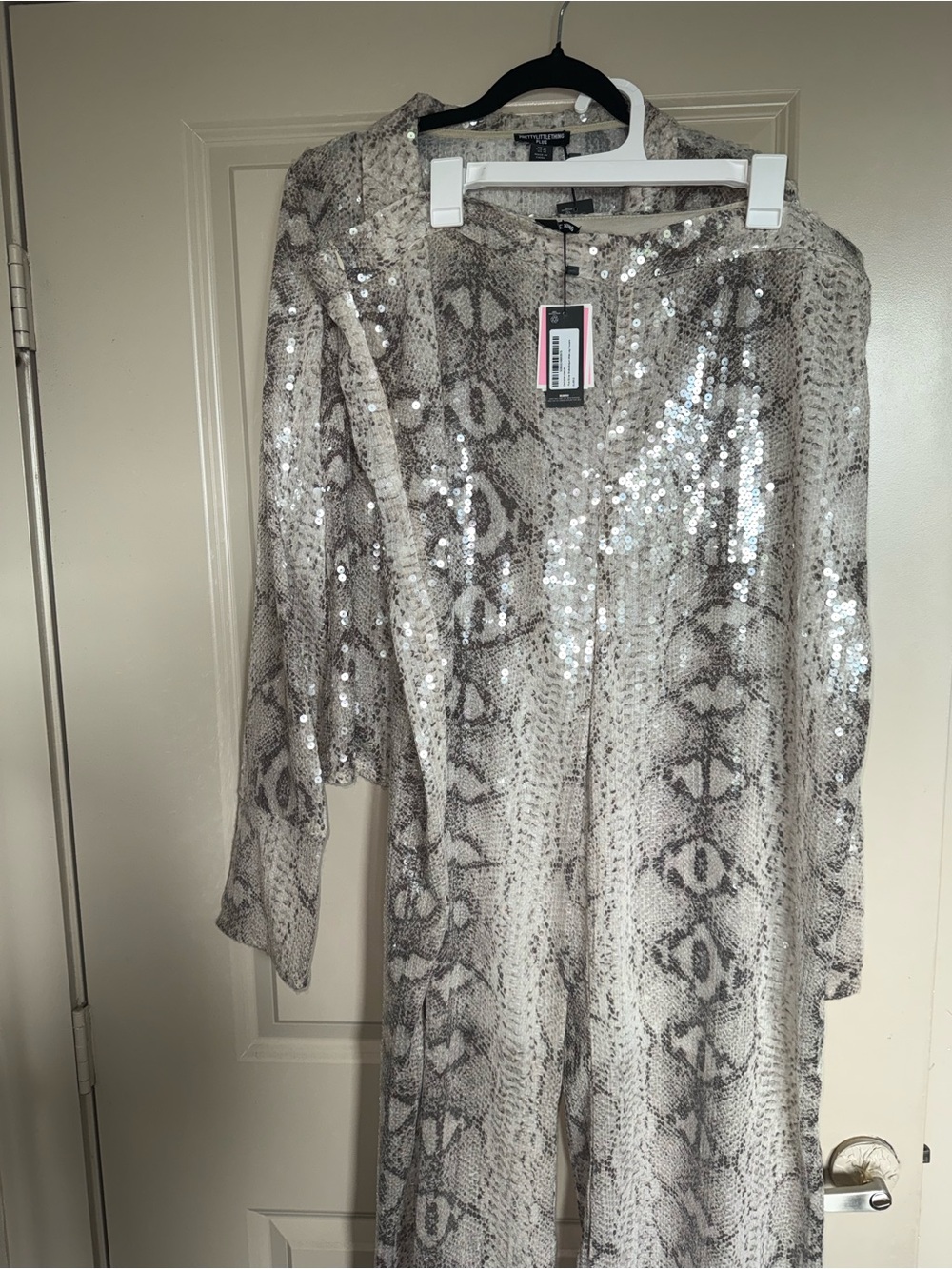 PrettyLittleThing Beige Taupe Snake-Print Sequin Button Down 2 piece set